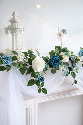 PONATIA 5FT Handcrafted Artificial Rose Flower Garland, Dusty Blue Flowers Greenery Garland for Wedding Ceremony Garlands Backdrop Arch Flowers, Ceremony Reception Table Decorations - color: Dusty Blue & Navy Blue