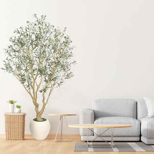 FEELEAD Olive Trees Artificial Indoor - 7FT Faux Olive Tree with 15" Exquisite Planter, Natural Trunk and Lifelike Leaves, Tall Fake Olive Tree for Home Office Living Room Decor