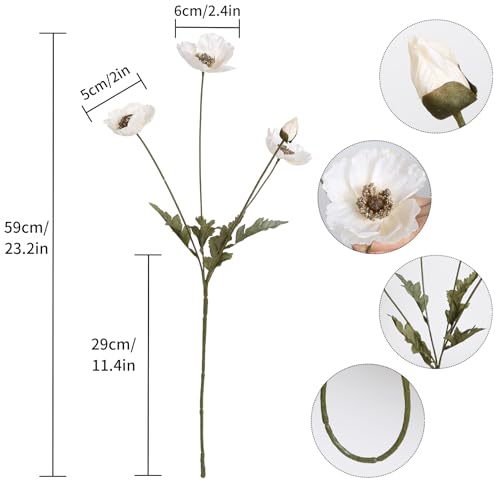 IPOPU White Artificial Poppy Flowers 6pcs Poppies White Artificial Flowers with Stems Silk Flower Arrangements for Wedding Centerpieces for Home Table Bridal Shower Party Decorations (White) - color: White