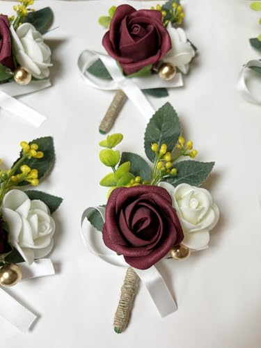 6PCS Red Boutonniere for Men,Burgundy Boutonniere Pins for Groomsmen Guest, Artificial Flowers for Wedding Decor Prom Homecoming - color: Red