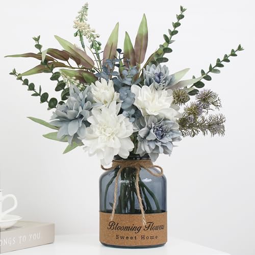 Leftover Faux Flowers in Vase,Artificial Flowers in Vase,Table Centerpieces for Dining Room,Flower Centerpieces for Tables,Fake Flowers in Vase,Kitchen Table Decor,Coffee Table Decor… - color: Blue