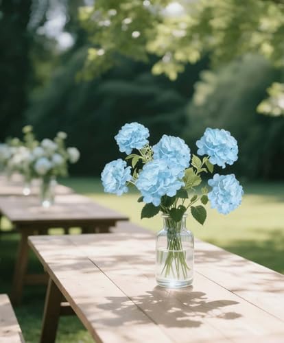 50 Pack Artificial Light Blue Hydrangea Flowers with Leaves, 6 Inch Silk Flower Heads, DIY Mother's Day Wedding Decor Set with 100 Leaves, 50 Stems - color: Light Blue