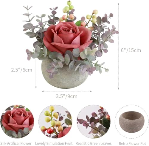 Small Artificial 2pcs Pink Rose Potted Plant, 6" Fake Silk Flowers in 3.5" Round Pot, Mini Faux Floral Arrangement for Desk Shelf Bathroom Decor - color: 2pcs Pink