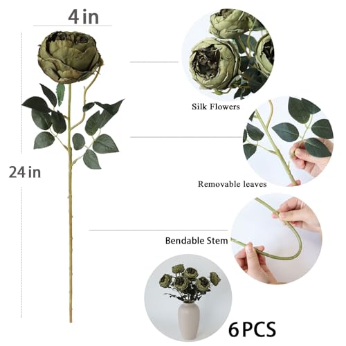 mizii 6Pcs Burnt Green Artificial Roses Flowers Fake Silk Roses Flower with Long Stem for Wedding Decorations Table Centerpieces Flower Arrangement Home Decor (Burnt Green) - color: Burnt Green