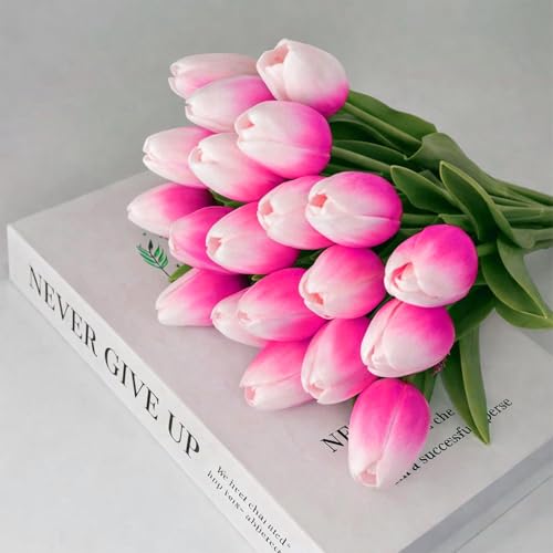 20 Pcs Tulips Artificial Flowers, 13.5'' Real Touch PU Fake Flowers Bouquet for Home Party, Spring Wedding Floral Arrangement, Valentine's, Easter and Mother's Day Decor (White Rose Red) - color: White Rose Red