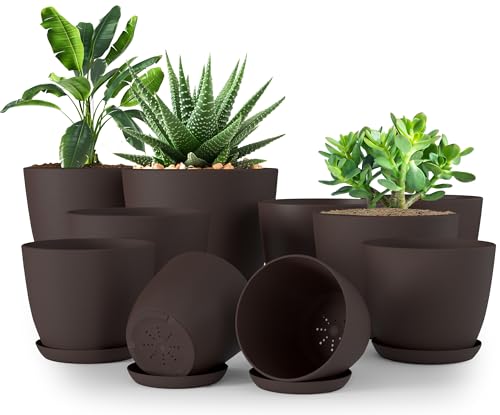 Utopia Home - Plant Pots Indoor with Drainage - 7/6.6/6/5.3/4.8 Inches Home Decor Flower Pots - Pack of 10 Plastic Planters for Indoor Plants, Cactus, Succulents Pot - Brown - color: Brown, size: Pack of 10