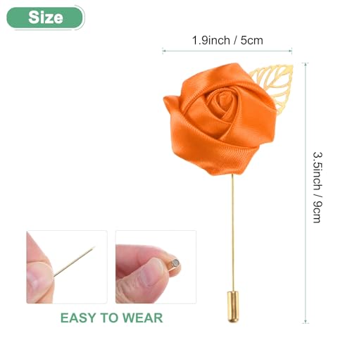 M METERXITY 1-Pack Flower Lapel Pins for Men, Golden Leaf Rose Boutonnieres Pin Groom Boutonnieres for Wedding/Dance/Party, Men Lapel Pins for Suits Satin Flower Corsage [Orange] - color: Orange