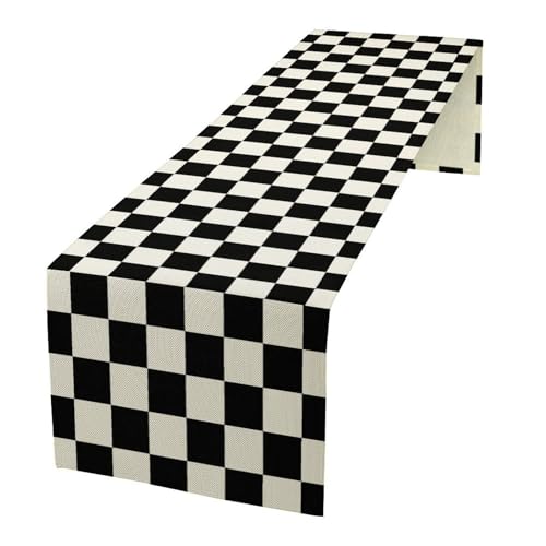 Black Checkered Table Runner Vintage Geometric Black White Plaid Runner Racing Car Theme Dinner Runner for Country Farmhouse Kitchen Birthday Party Holiday 36X13inch - color: Checkered-1, size: L36"x W13"