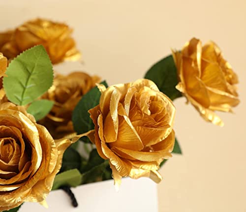 12 PCS Artificial Flowers Gold Roses Fake Silk Flower Long Stem Artificial Roses for Home Wendding Bathroom Party Decorations (Gold) - color: Gold
