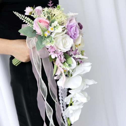11 Inch Cascading Bridal Bouquet Waterfall Cascade Wedding Bouquet Bride with Artificial Silk Rose Flower Rustic Boho Wedding Ceremony Bouquet Lavender White - color: Lavender & White