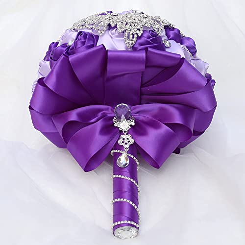 Sharebeauty 5.9 Inch Handmade Satin Rose Bridal Bouquet Toss Round Wedding Bouquet Throw Toss Artificial Flower Bunch Purple + Light Purple - color: W28717 Purple/Light Purple, size: 5.9"/15cm