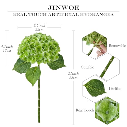 JINWOE Green Faux Hydrangea Flowers, 3pcs 21" Latex Real Touch Spring Silk Flowers,Lifelike Artificial Hydrangeas with Stems for Porch Bouquets Wedding Home Table Centerpieces - color: Green
