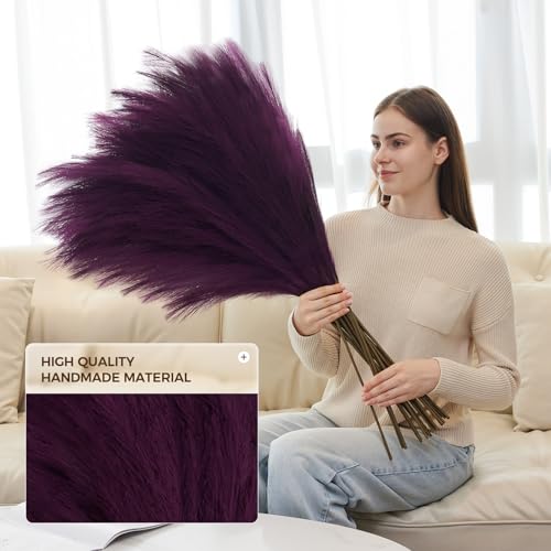 10 Pcs 39''/3.2FT Faux Pampas Grass Decor, Large Tall Fluffy Artificial Fake Flower, Bedroom Decor Boho Decor Pompas Floral for Vase Filler Farmhouse Home Wedding Decor (Purple) - color: Purple