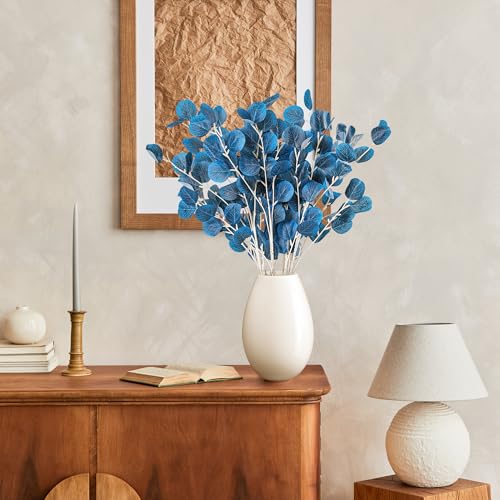 7PCS Long Artificial Eucalyptus Stems 35.4" Branches with Navy Blue Silk Silver Dollar Leaves Fake Plants Bouquet Festival Party Floral Arrangements Accessories Home Office Table Vase Décor - color: Navy Blue