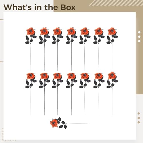 15 Halloween Artificial Flowers, Orange Black Rose & Spider Decor with Bendable Stems for Spooky Parties and