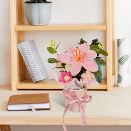 Handmade Crochet Tulip Flower Bouquet in Pot, Knitted Pink Tulip for Mother's Day Birthday Wedding Christmas, DIY Décor for Car Office Desk & Home Décor, Perfect for Mom Wife Girlfriend Lover (Pink) - color: Pink