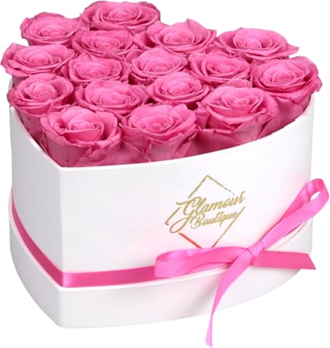 GLAMOUR BOUTIQUE Preserved Roses in a Box - Gifts for Her, Wife & Mom, Rose Flowers Forever Decor for Birthday Gift, Get Well Flower Bouquet Cased in White Box with Cover - Pink - 16 (Color-Treated) - color: Pink, size: 16 Roses Heart Box