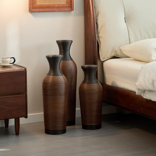 Floor PVC Decorated Vases Set of 3 for Gorgeous Home Decoration Large Classic PVC Vases 19.6in/23.6in/27.5in Height (Black+Brown) - color: Black+brown