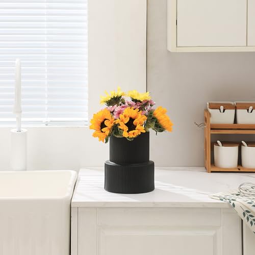 Black Ceramic Flower Vase, Large Ceramic Vase, Boho Decorative Vases for Modern Decor, Ribbed Vase, Pampas Grass Vases for Living Room, Office, Mantel, Shelf, Dining Table, 7.5 Inches - color: Black, size: Large Ribbed