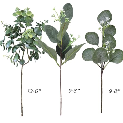 12PCS Mixed Artificial Eucalyptus Leaves Stems Bulk Faux Greenery Spray with White Seeds for Wedding Bouquet Garland Floral Arrangement Decoration (12, Green)