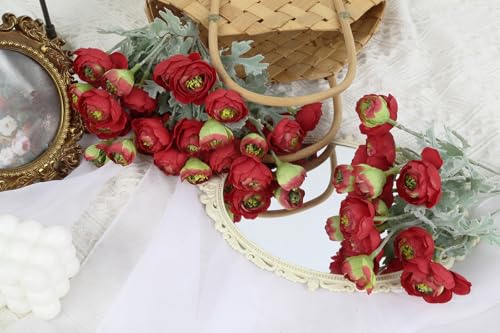 3 Bundles Mini Red Peonies Artificial Flowers,9.84" Red Silk Faux Ranunculus Flower, Artificial Peonies with Stems for Farmhouse Home Office Dining Table Wedding Spring Centerpiece Decor - color: Red Green