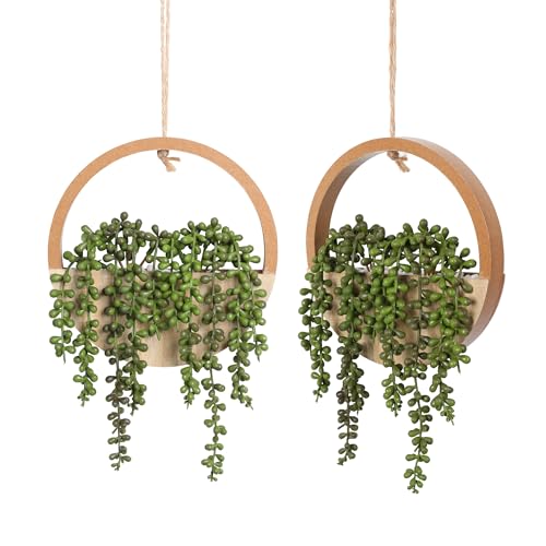 Floweroyal 2pcs Artificial Succulents Hanging Plants 12.2'' Fake String of Pearls in Pot with 8.3'' Lanyard for Indoor Outdoor Wall Decor（Wood Color）. - color: Type1-wood Color-2pcs