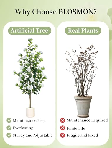 BLOSMON Artificial Trees for Home Decor: Indoor 4.9ft Tall Fake Plants Outdoor Camellia Flowers Tree for Front Porch - Faux White Rose Plant with Pot for Living Room Door Patio Deck Yard - color: White Camellia