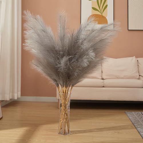 7 Pcs 45" Faux Pampas Grass – Fluffy Artificial Pompous Grass for Tall Floor Vase, Non-Shedding Home Decor, Boho Wedding Flowers, Baby Shower Centerpieces, Bedroom & Living Room Decor (Grey) - color: Grey