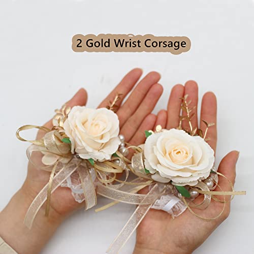 2 Corsages, Handmade Artificial Peony Rose Wrist Corsage Wristlet Wedding Prom Suit Decorations (2 Gold Wrist Corsage) - color: Gold Wrist Corsage