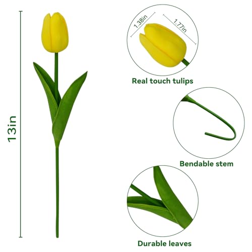 20pcs Fake Tulips PU Yellow Tulips Artificial Flowers Faux Flowers 13 Inch Mother's Day Easter Valentine’S Day Gifts in Home Kitchen Spring Decorations For Home (Yellow) - color: Yellow