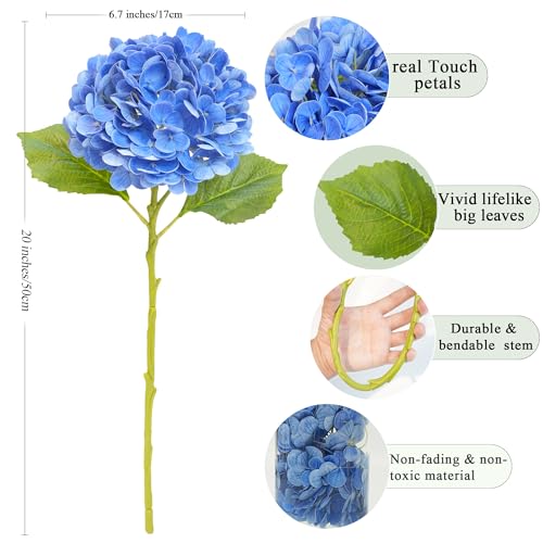 Jahe 4 Pcs Hydrangea Artificial Flowers, 20'' Tall Large Bloom Faux Hydrangea Flowers,Real Touch Fake Flowers, Bouquet Home Wedding Decor, DIY Floral Arrangement, Dark Blue - color: Blue