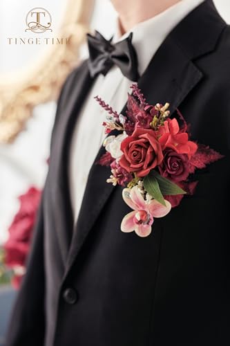TINGE TIME Single Pocket Boutonniere for Man Groom, Best Man Boutonniere for Wedding, Prom, Homecoming, Anniversary, Graduation, Christmas Dinner(Burgundy) - color: Burgundy