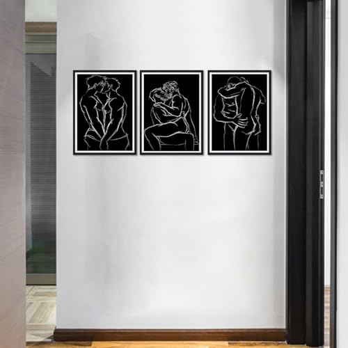 Gay Couple Canvas Wall Art 3 Piece Intimate Man Line Posters Abstract Black and White Male Figure Prints Artwork Wall Decor for Living Room Bedroom Bathroom Hotel Framed Ready to Hang 12x16inchx3pcs - color: Art02, size: 12x16x3Pcs Black Framed