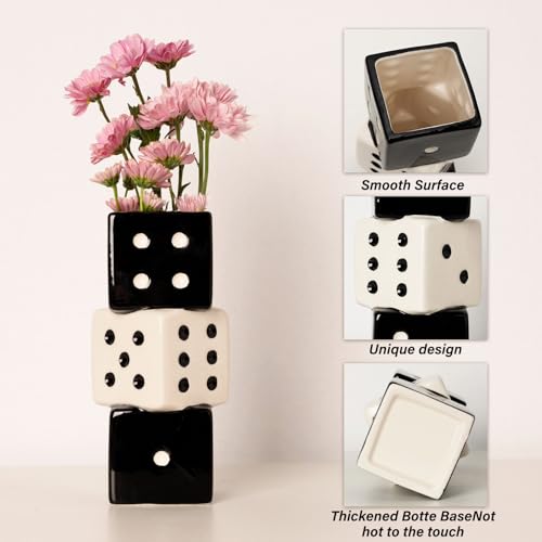 MOUGIGI Unique Handmade Dice Vase - Stylish Black & White Ceramic Decor for Home, Bar | Geometric Design Perfect for Fresh, Dried, or Artificial Flowers | Eye-Catching Centerpiece & Decorative Accent - color: Black and White Dice Vase