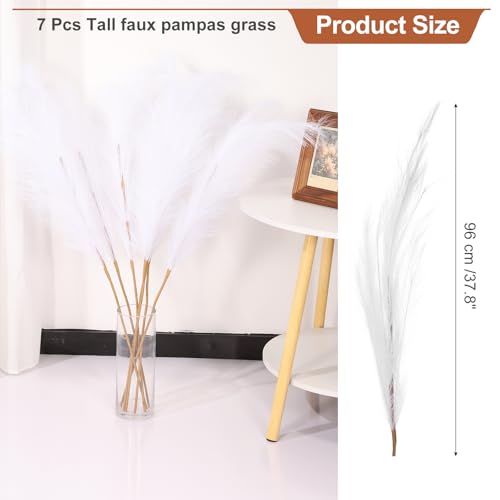 PATIKIL 37.8in Tall Pampas Grass Decor, 7pcs Large Artificial Pampas Grass Bulk Long Fluffy Faux Pampas Grass Dried for Home Boho Decor Vase Wedding Wall Ground, White - color: White