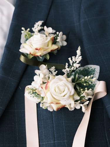 White Rose Wrist Corsage and Boutonniere Set with Ribbon Ties Wedding Prom Formal Accessories (Champagne Colored Ribbon) - color: Champagne Colored Ribbon