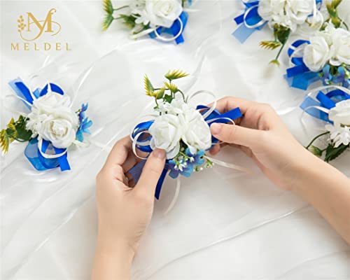 6Pcs White and Blue Artificial Rose Wrist Corsages for Wedding Prom | Faux White Roses Accented with Blue Details, Perfect for Prom, Weddings, Bridesmaids, Anniversary Formal Party and Homecoming - color: Blue1# Wrist Corsage (6 Piece)