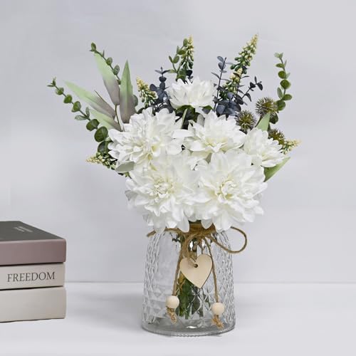 Dahlia Bouquet Mixed Eucalyptus Greenery Indoor Wedding Table Vase Decor | Realistic Silk Fake Floral Arrangement, Farmhouse Table Centerpiece for Kitchen Wedding Bridal Vase Home Indoor Decorations - color: White
