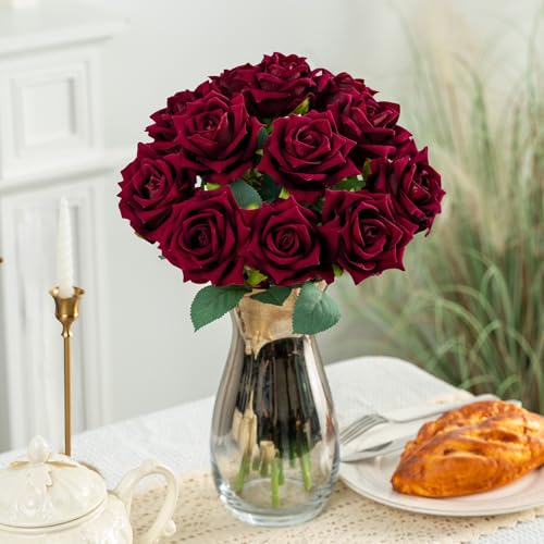 Ttranewsoo Fake Roses Faux Flowers Silk Roses Artificial Roses with Stems 16.5In Realistic Artificial Flowers Suitable for Indoor Home Decoration Diy Bouquet Wedding Decor Party Decor 12PCS(Black red) - color: Black Red 12pcs