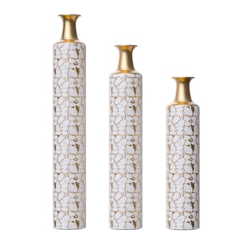 Metal Floor Vases Decorative, Set of 3 Flower Arrangement Stand, Metal Decorative Vase Tall Distressed Metallic Centerpiece Vases, 32", 28", 24" H (Antique White) - color: Antique White