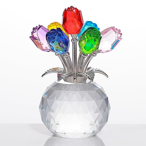 Colorful Rose Flower Crystal Figurine with Vase, Bouquet Flowers Ornament Gifts for Wife Girlfriend Women, Handmade Crystal Flower Collectible Home Table Decor for Valentine's Day Wedding Anniversary - color: Colorful-crystal Rose