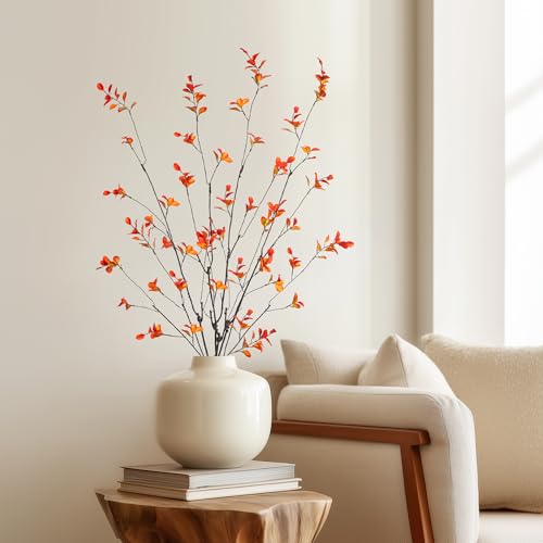 Ttranewsoo Fall Stems Artificial Ficus Branches, 35.4 Inch Faux Eucalyptus Stems Fall Decor, Fake Leaves Fall Decorations for Home, Autumn Table Decor Fall Branches for Vase (Yellow, 4 Pcs) - color: Orange2