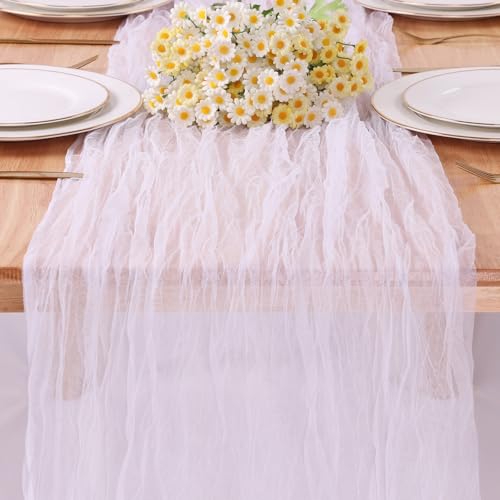White Gauze Table Runner 10ft Rustic Cheese Cloth Table Runner 38×120 Inches Boho Style Decorations for Romantic Date Wedding Party Baby Shower Photography Decoration - color: White, size: 10 ft × 1 pc