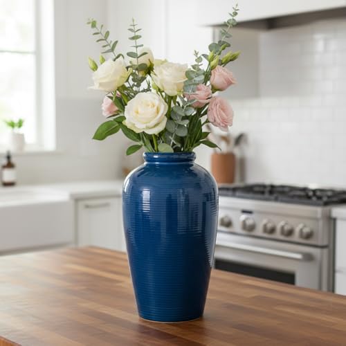 Blue Ceramic Vases Home Decor - 11 Inch Tall Farmhouse Vases for Flowers, Modern Textured Vase for Centerpieces, Living Room, Kitchen Island Decor, Fireplace, Entryway Decorations - color: Blue