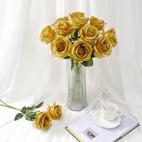 Waipfaru 16 Pcs Fake Gold Roses Artificial Flowers with Long Stems, Rose Bouquet Silk Faux Flowers for Valentines Wedding Party Vase Centerpiece Home Decor (Gold) - color: Gold, size: 16 Pcs