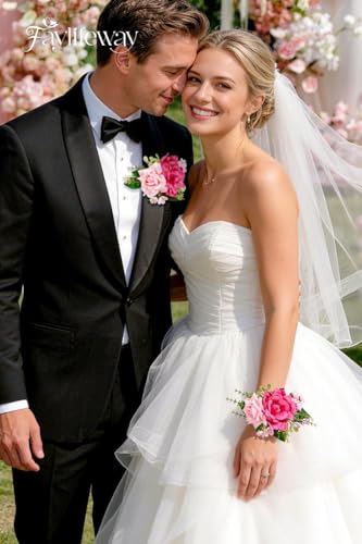 Rose Hot Pink Corsage and Boutonniere Set for Wedding Prom(Set of 2),Artificial Flower Wrist Corsage Bracelets for Women Homecoming,Boutonniere for Men Suit Decorations Party Anniversary - color: Hot Pink, size: 1 Corsage & 1 Boutonniere