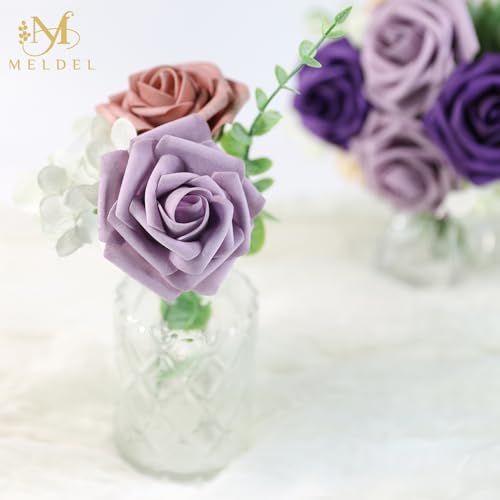 Artificial Flowers 25 Pack Purple Lilac Faux Foam Roses with Stems, Real Looking Fake Rose for DIY Wedding Bouquets, Bridal Shower Centerpieces, Party Table Decorations, Home Decor - color: Purple & Lilac, size: 25Pcs