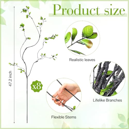 Giegxin 8 Pcs 47.2'' Artificial Ficus Branches for Vase Long Faux Greenery Stems Realistic Eucalyptus Twig Tall Fake Leaves UV Resis Plant for Vase Filler Home Table Centerpieces Office Decor (Green) - size: 47.2''