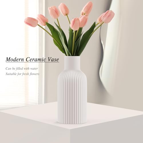 White Ceramic Flower Vase, Minimalist Modern Home Decor, Matte Finish Pampas Grass Vase for Table, Fireplace, Shelf, Mantel, Entryway and Centerpieces (10in) - color: White, size: 10in