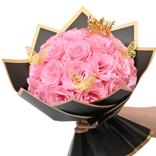 Waipfaru Pink Glitter Roses Bouquet, DIY Fake Flowers Bouquet, Everlasting Shiny Artificial Rose Bouquet for Valentine's Day, Anniversary, Engagement, Wedding, 24 Roses - color: Pink, size: 24pcs